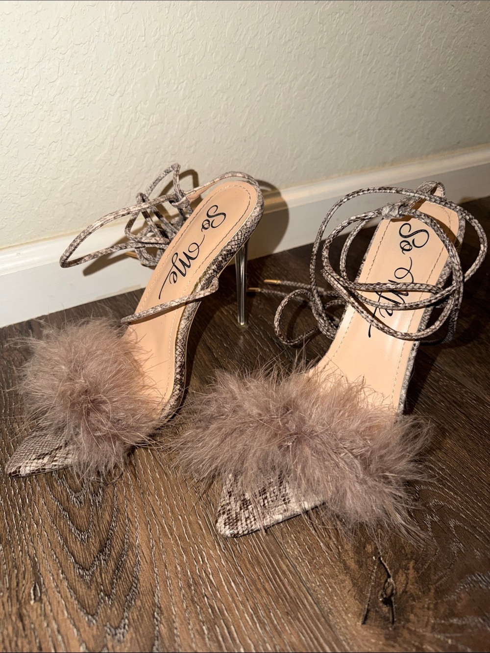 So Me Taupe Feathered Lace-Up Stiletto Heels